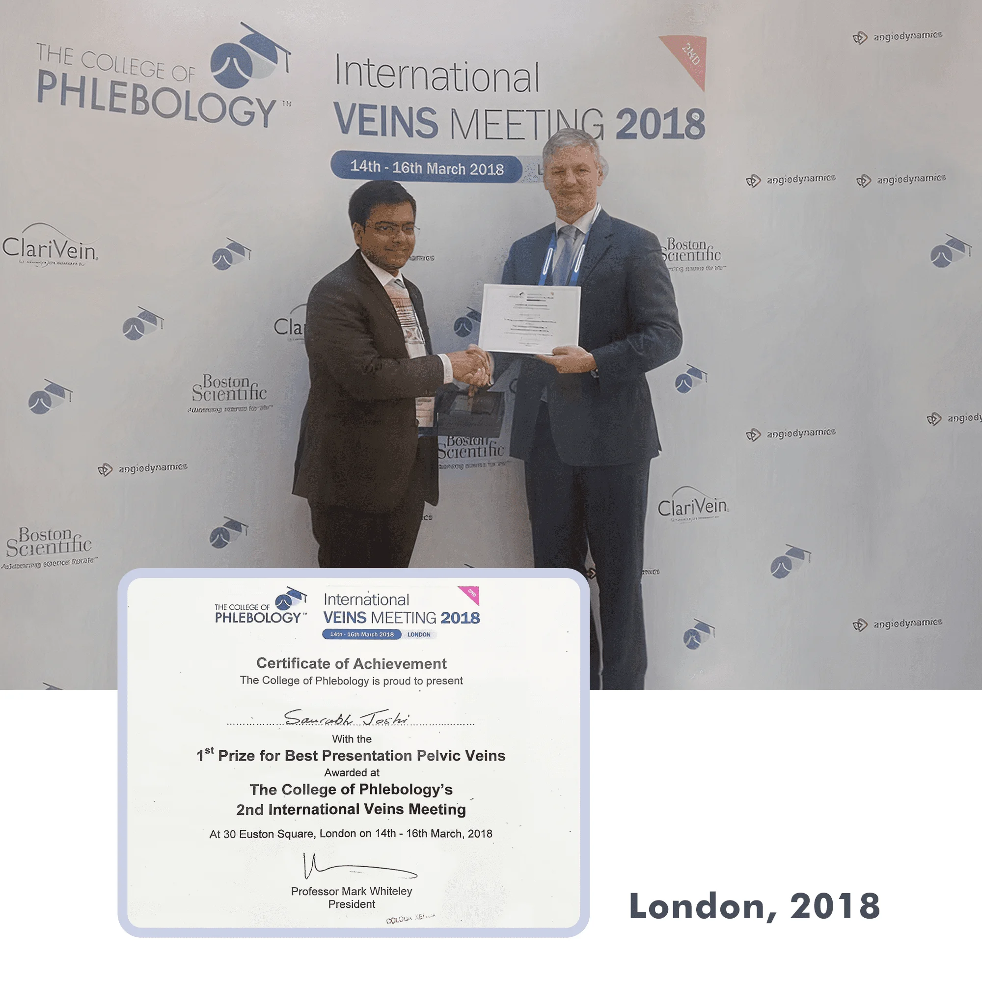 Dr Saurabh Joshi First Prize International Veins Meeting 2018 By College of Phlebology London