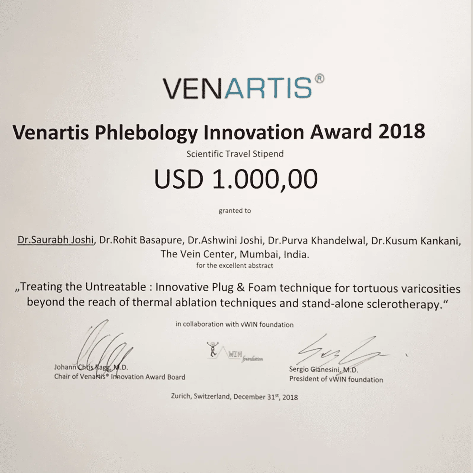 The Vein Center Mumbai Venartis Phlebology Innovation Award 2018