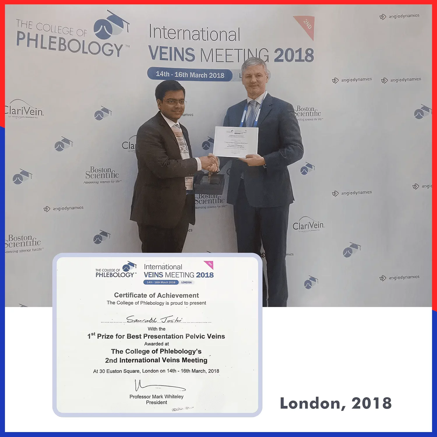 Dr. Saurabh Joshi with College of Phlebology London Award for Varicose Veins Treatment in 2018