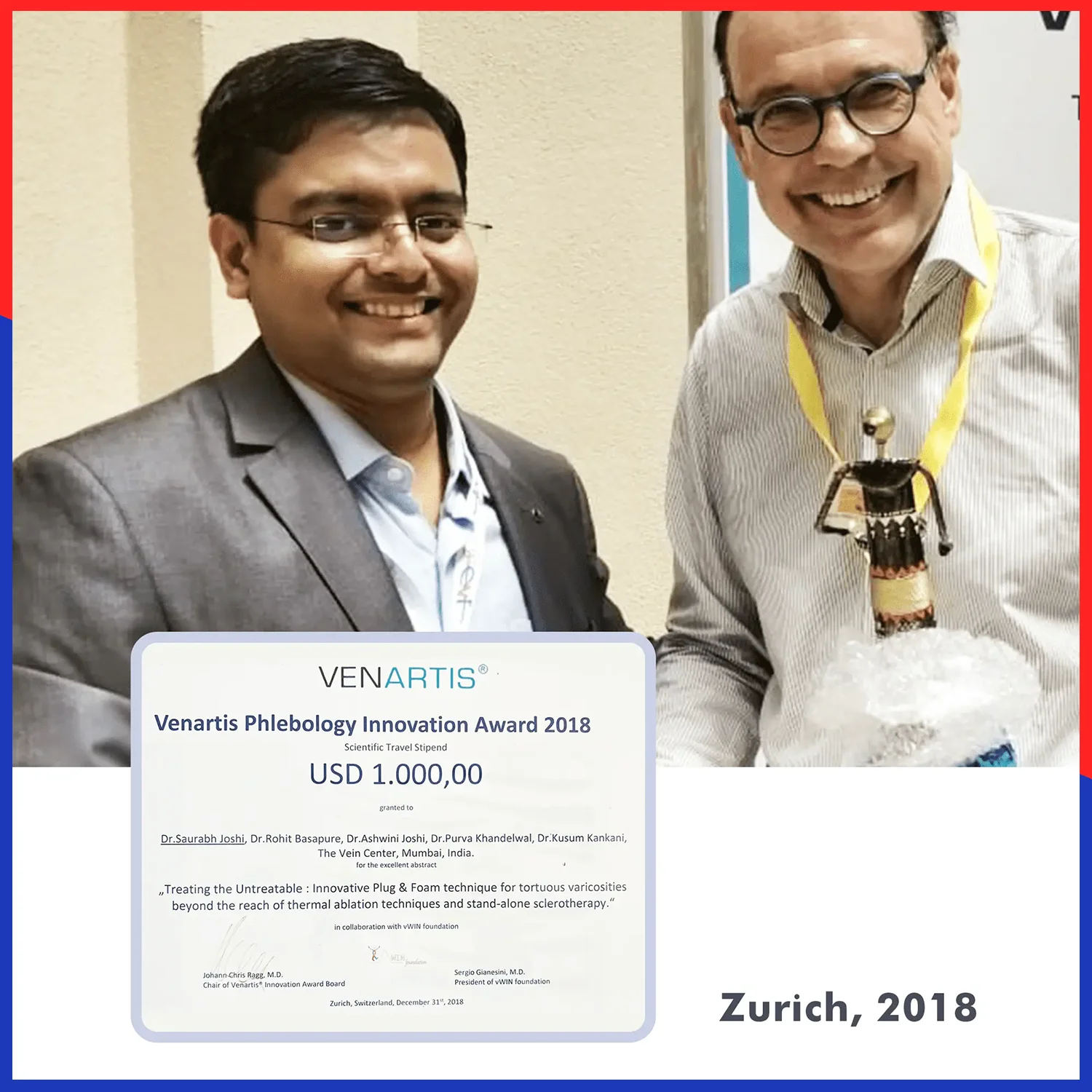 Dr. Saurabh Joshi with Venartis Phlebology Innovation Award in 2018 for Varicose Veins Treatment in 2018